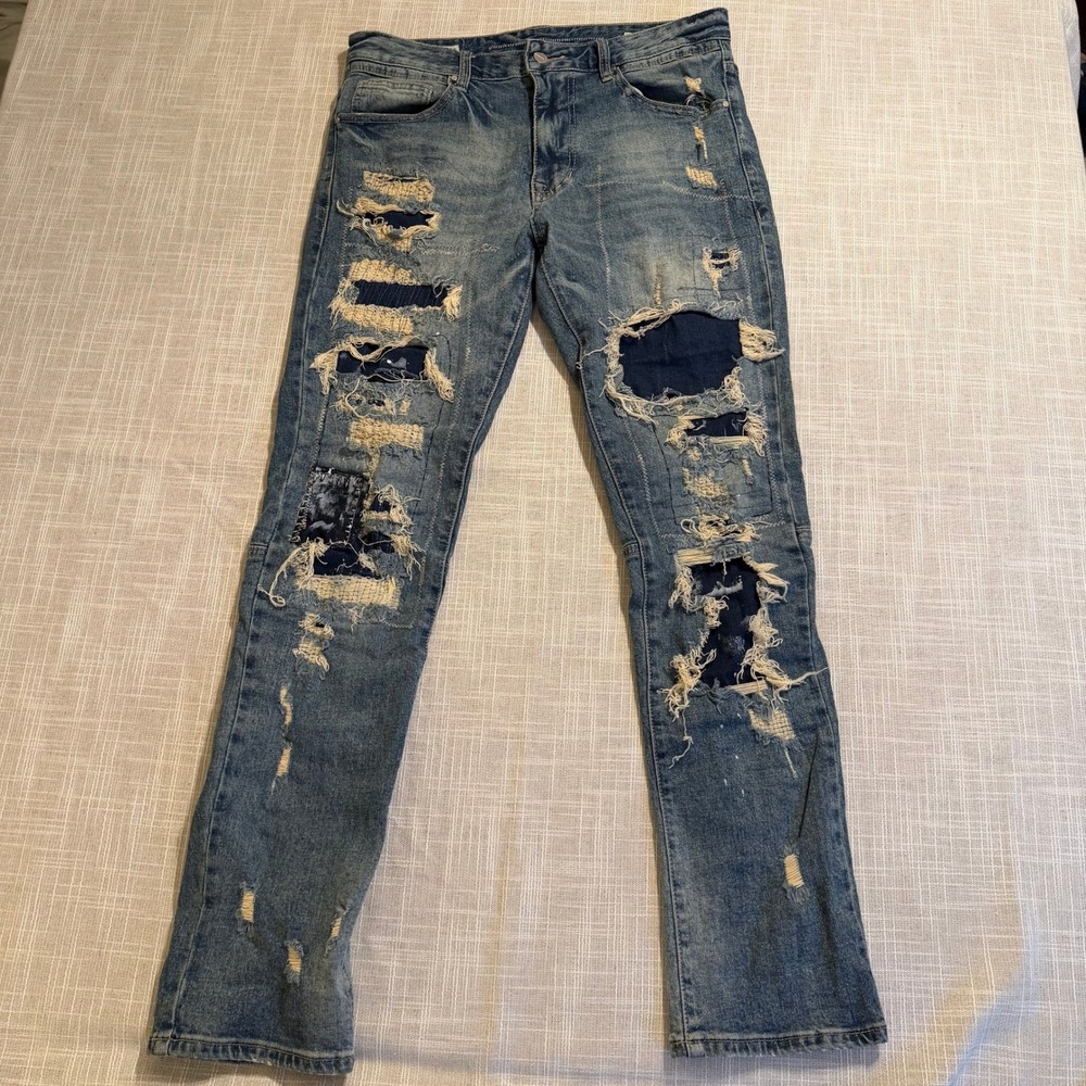 First Row Mens Distressed Patchwork Slim Jeans Blue Medium Wash 32x32 Streetwear